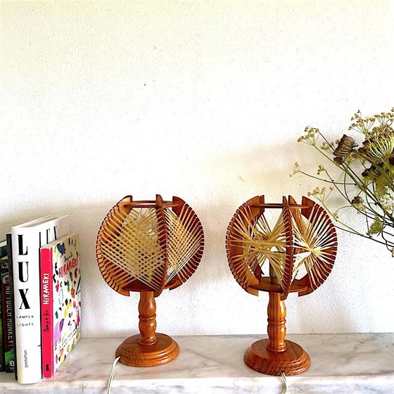 Image 1 of Lampes de table en bois et paille, style campagnard portugais, années 1960, lot de 2