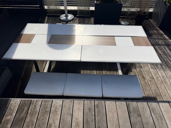 Exceptional extendable outdoor table + 2 stainless steel benches with marine upholstery - Design by (photo 10 of 12)