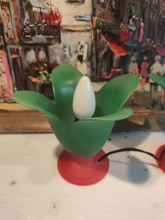Image 1 of 2 lampes de table tulipe Vandeheg en verre vert/orange