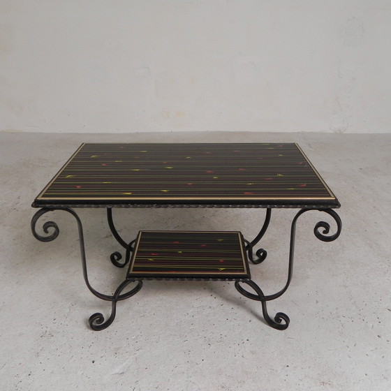 Image 1 of Table basse vintage avec 2 plateaux en verre avec impression des années 50