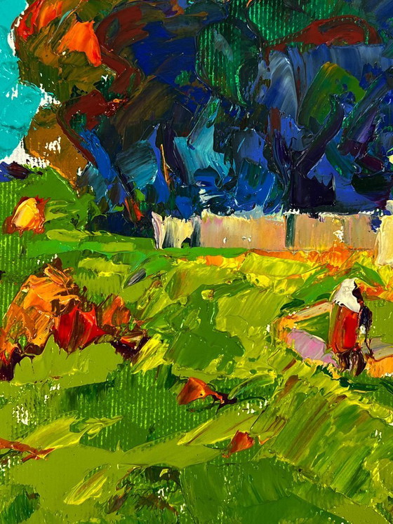 Image 1 of Peinture à l'huile originale, paysage rural, prairie, village, parc en forêt