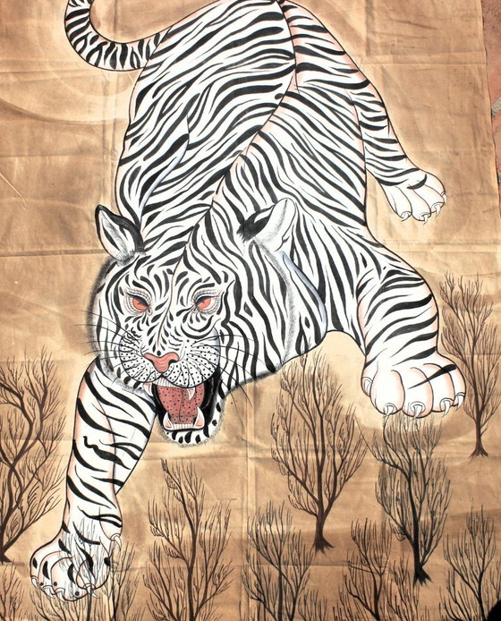 Tigre Bianca 183x122 cm, tela dipinta a mano dall'India. Unica! – Dipinti e disegni, Cotone (photo 2 of 8)