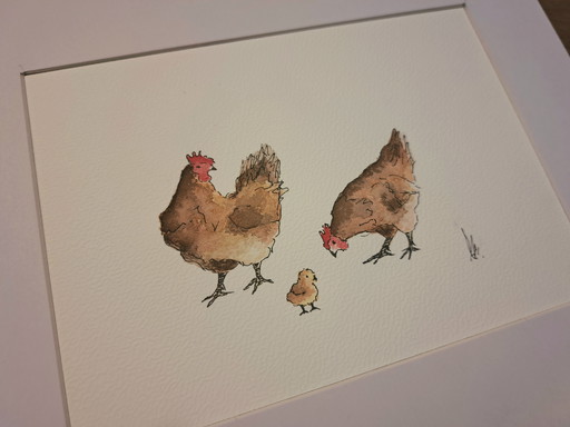 Watercolor painting chickens with chicks original | With frame