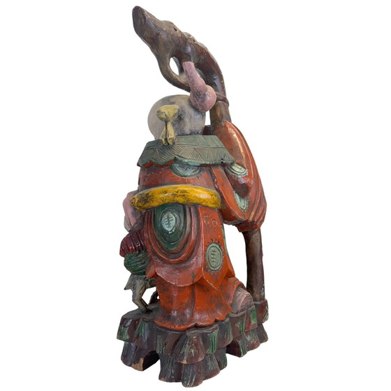 Monumentale Handgesneden Chinese Teakhouten Shoulao Beeldhouwkunst – God van de Levensduur (65.5 x 27.5 cm / (photo 6 of 11)