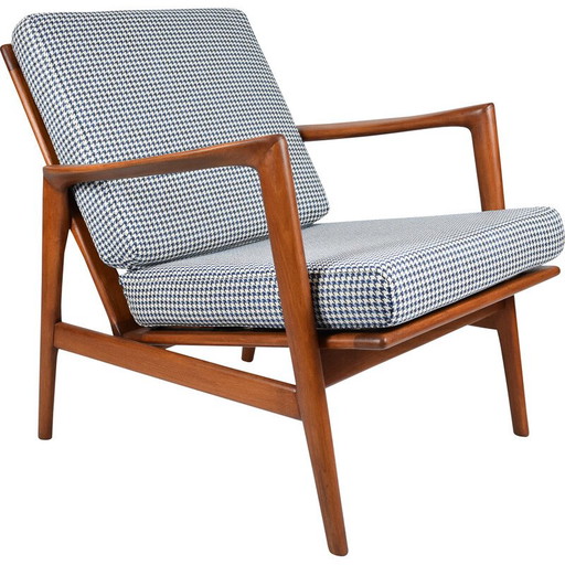 Fauteuil pied-de-poule vintage en teck teinté et tissu pour Swarzędz, 1960.