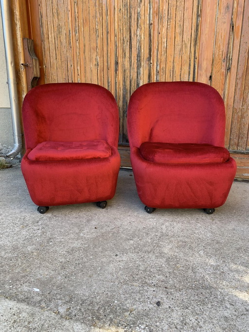 Ensemble de Fauteuils Mid-Century en Velours Rouge, années 1960