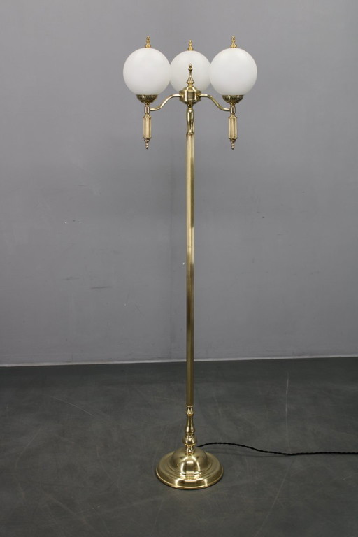 1970s Czechoslovak Floor Lamp in Brass with Milky Glass Shades