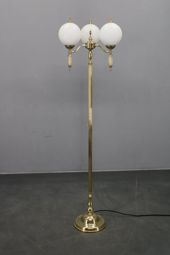 Image 1 of 1970s Czechoslovak Floor Lamp in Brass with Milky Glass Shades