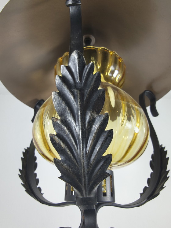 Image 1 of Lampada a sospensione a lanterna con vetro color ambra