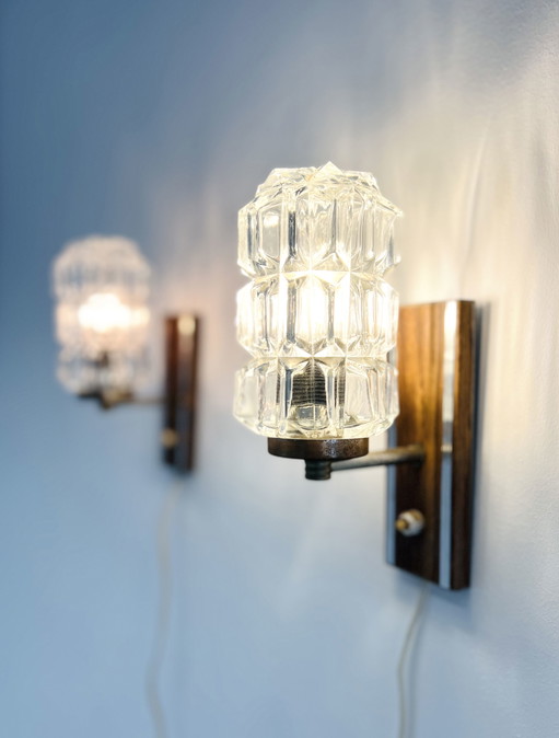 2x Vintage kristal & teak wandlamp
