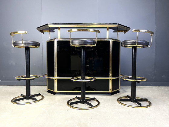 Image 1 of Hollywood Regency Bar with Three Stools, 1970s