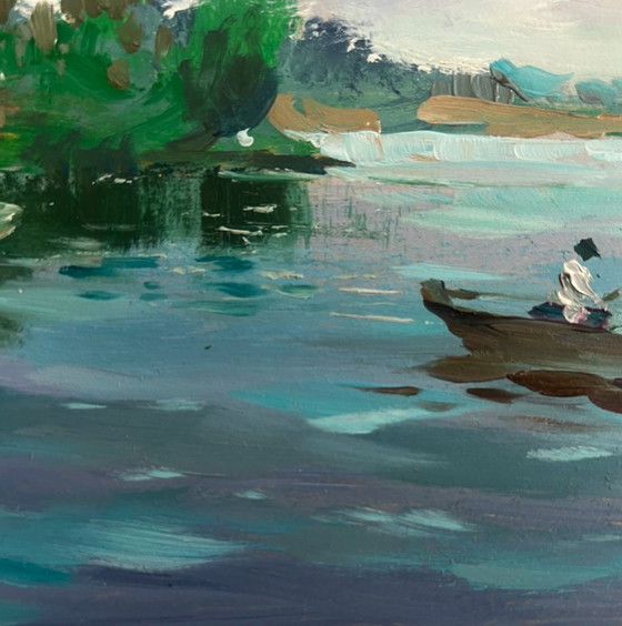 Image 1 of Origineel olieverfschilderij: Zomerkustlandschap, rustig vissen.