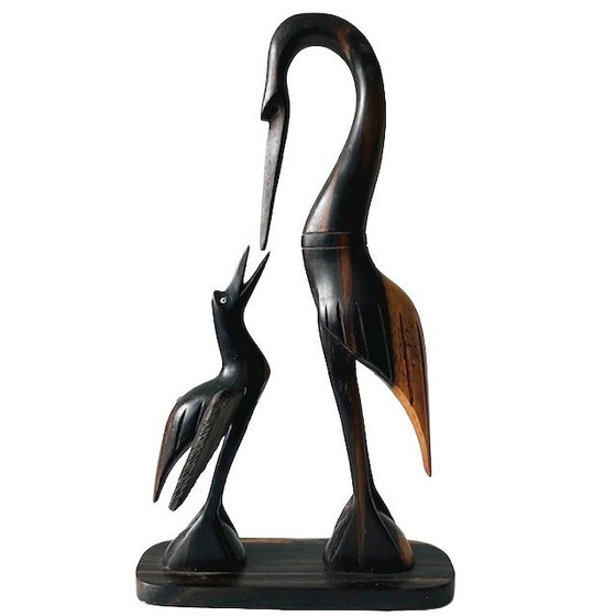 Image 1 of Vintage houtsnijwerk beeldje kraanvogel teak 1960's