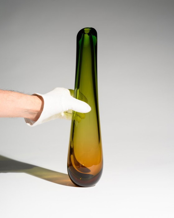 Image 1 of WMF Glass Vase Trio by Erich Jachmann – Sculptural Gradient Forms in Green & Amber, Germany, 1950s