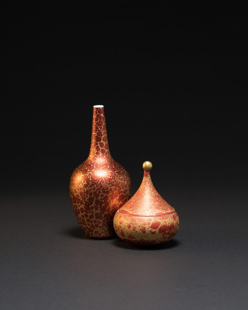 Vase Duo en porcelaine peinte à la main, rouge Goldfeuer, Hans Wohlrab Rosenthal H. Drexler