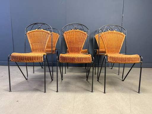 Sillas de mimbre de Frederick Weinberg, década de 1960, juego de 6 – eetkamerstoelen, Metal, Wicker