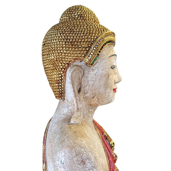 Grote Birmaanse Mandalay Boeddha met Gouden Decoratie – circa 1970 – 87 cm – Beeldhouwkunst, Glass (photo 9 of 11)