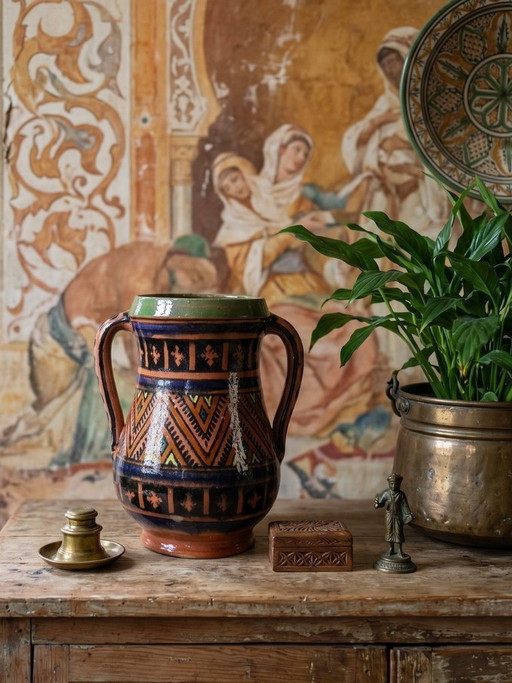 Large Moroccan Safi polychrome terracotta vase with two handles, 1950s-1970s