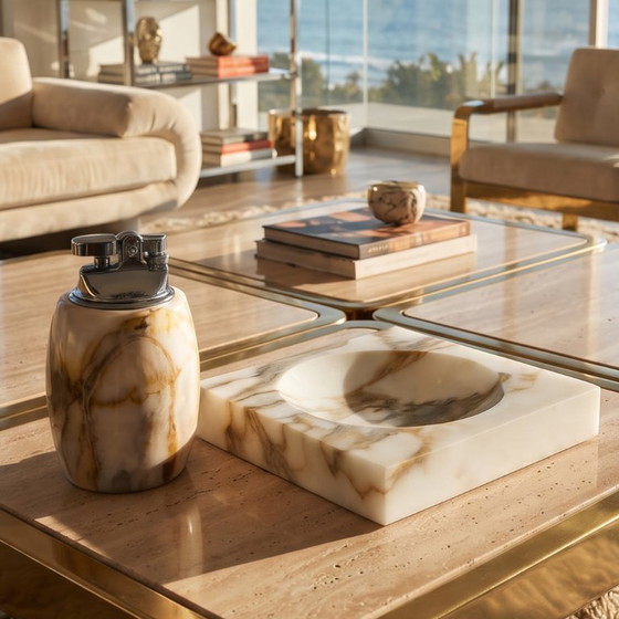 Italiaanse onyx rookset in mid-century modern stijl uit de jaren 60 met tafelaansteker en asbak. Normale (photo 3 of 12)