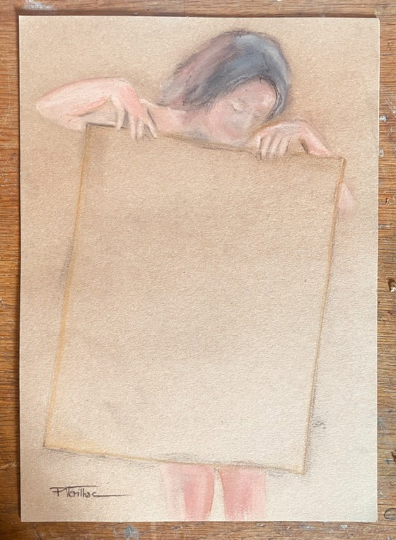 Image 1 of Tableau pastel signé sur papier ancien « modèle féminin dans l’atelier »