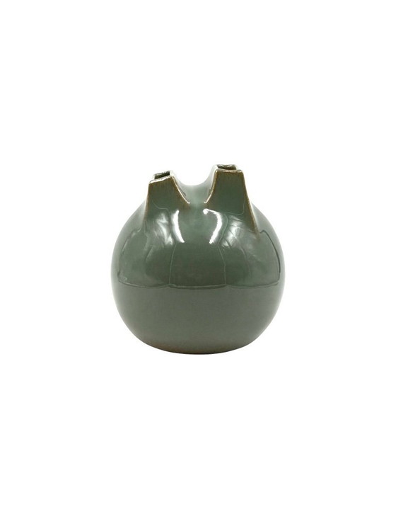 Image 1 of Mid-century Modern green spherical stoneware vase, Franco Bucci Italy ca. 1970