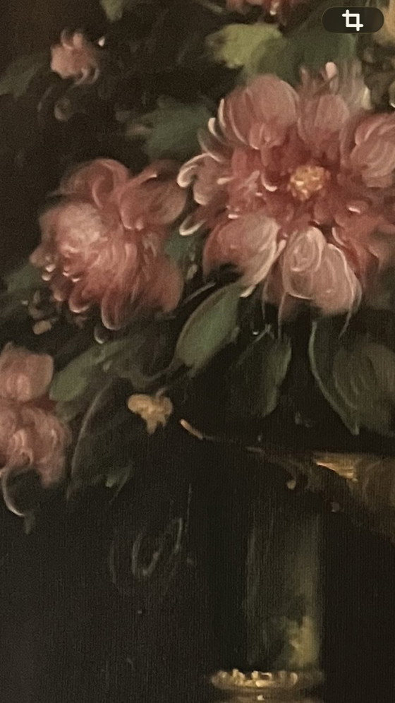 Image 1 of Groot Klassiek Stilleven R. Hunther - Gouden Vazen & Bloemen - Luxe Lijst