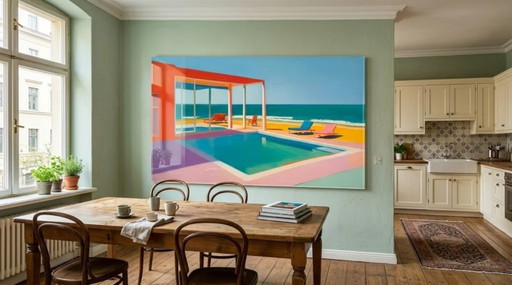 Architecture Pool Summer – Art Deco & Mid-Century Acrylic Glass Artwork 170 × 100 cm – giclee prints, Plexiglass