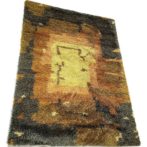 Tappeto vintage Rya in lana multicolore a pelo lungo, Svezia anni '60