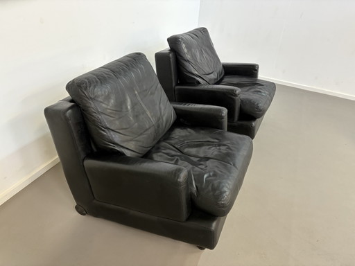 2 x Seltene schwarze Leder Artifort Sessel