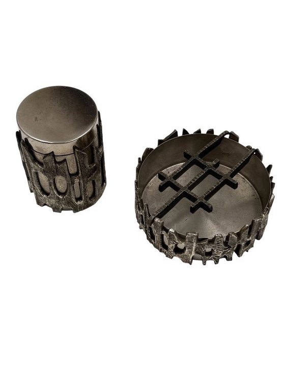 Image 1 of Brutalist top smoking set, ashtray and cigars box, Morbelli Italy 1970