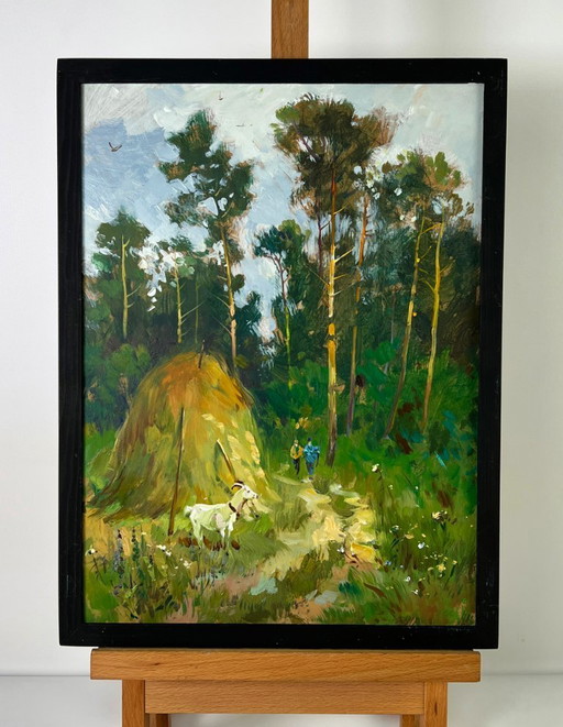 Peinture à l'huile originale représentant un paysage naturel : La route vers la forêt