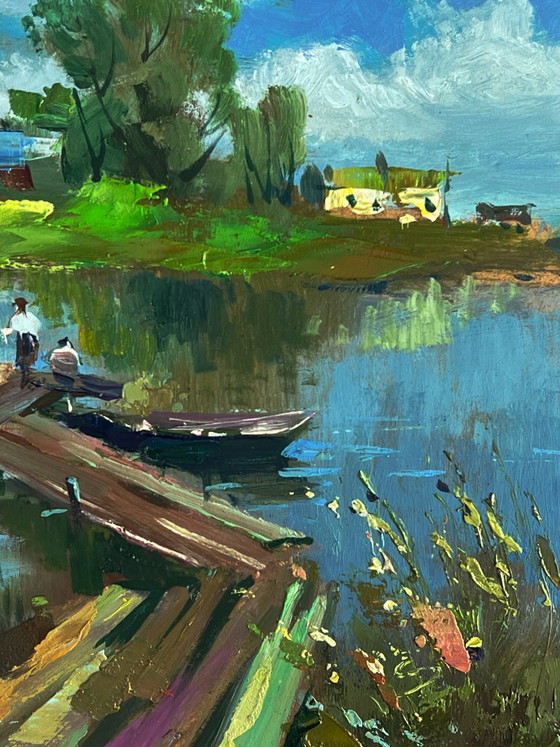 Original Oil Painting Impressionistic River Landscape Painting Bridge over the River, Paintings & Drawings (photo 10 of 11)