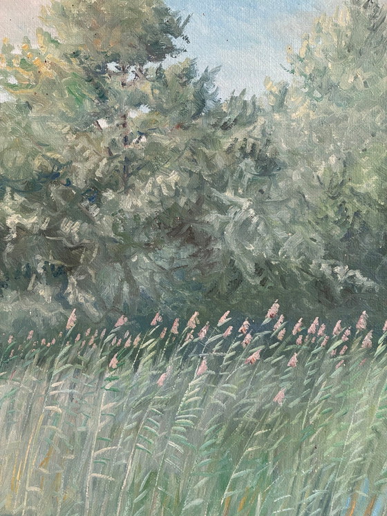 Image 1 of Grande peinture à l'huile originale vintage représentant un paysage avec un chien