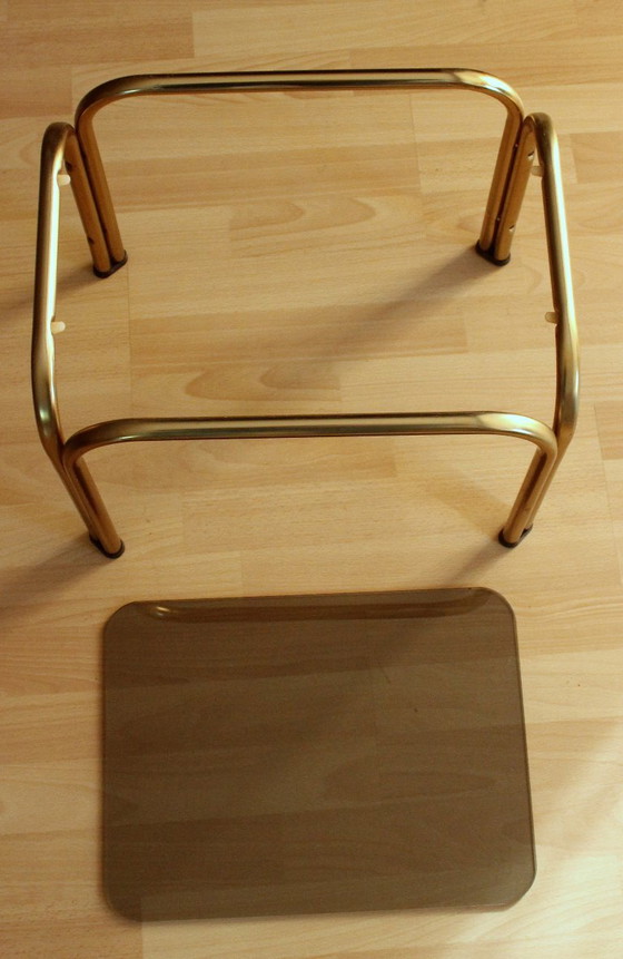 Small brass side table with smoked glass top, Space Age, Metal, Gold, Vintage (photo 6 of 9)