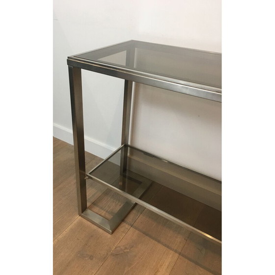 Image 1 of Vintage Console in Brushed Steel and Smoked Glass Trays 1970