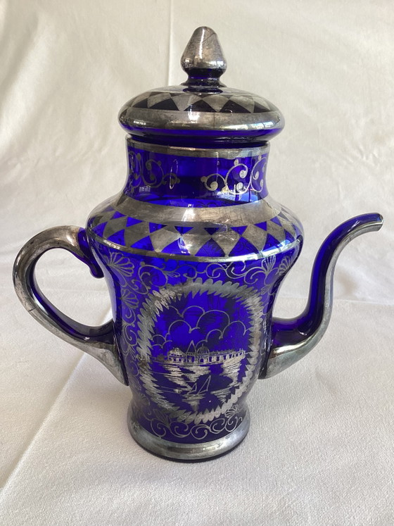 Image 1 of Zeldzaam Italiaans kobaltblauw glazen koffie- en likeurservies met zilverdecor – 21-delig – ca. 1950-1970