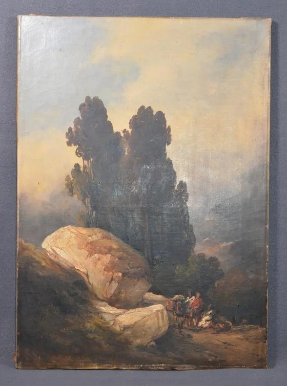 Antique Romantic Landscape Oil Painting With Figures and Rocky Scenery – Paintings & Drawings, Wood, Canvas (photo 2 of 11)