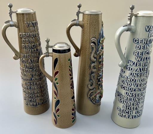 4x Original Vintage Stoneware Beer Steins with Pewter Lids – König / GERZ – Germany, 1970s–1980s