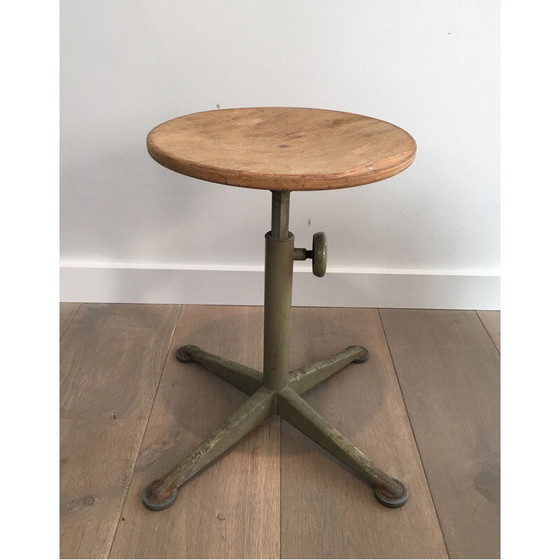 Image 1 of Vintage Industrial Stool in Steel and Wood, Height Adjustable, 1900s