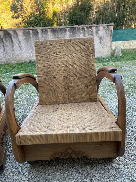 Image 1 of Paar koloniale Art Deco-fauteuils in rotan en teak