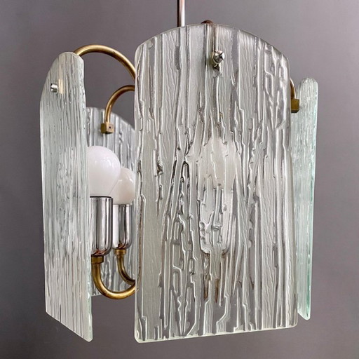 1960s Mid-Century Modern Brass/Chrome Textured Glass Five-Light Pendant Lamp