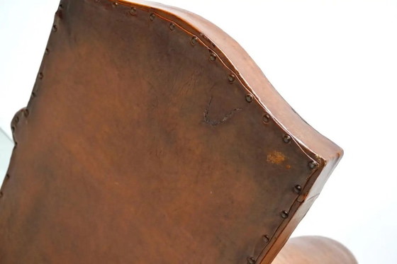 Image 1 of Coppia di poltrone da club francesi in pelle color cognac con schienali a baffo, anni '40