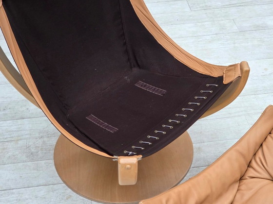 Image 1 of Scandinavische draaibare fauteuil uit de jaren 80, meubelleer, gebogen hout.