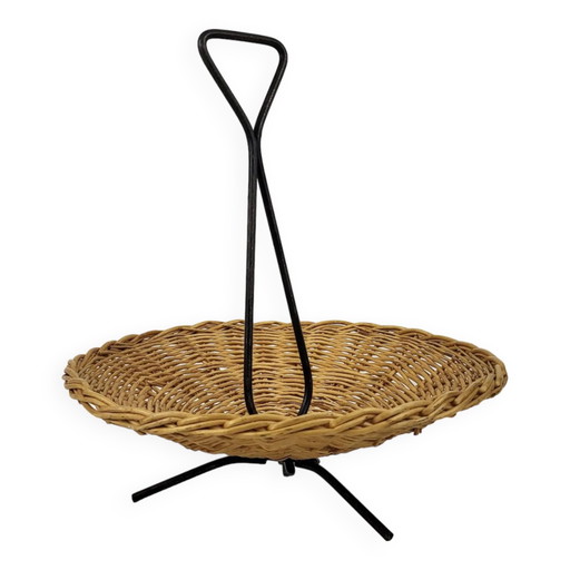 Panier vintage en rotin et métal années 1960