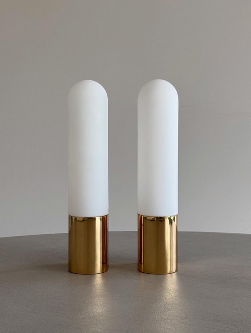 Set of 2 wall lamps - Opal glass & brass - Limburg, Germany, 1970s