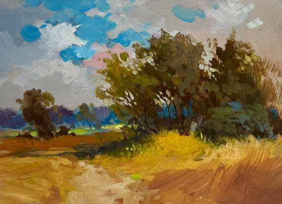 Image 1 of Original Oil Painting Autumn Field Landscape The Road to the Golden Fields