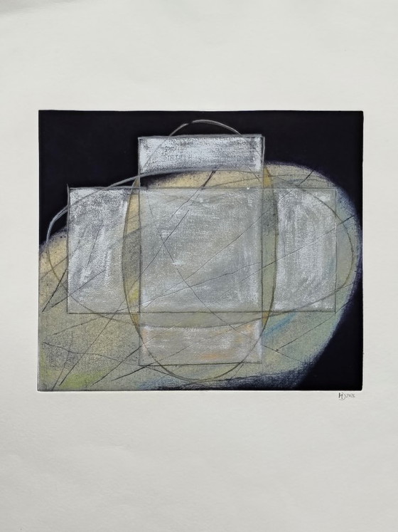 Vintage Zilverkleurige Ets - handgeschilderd - Geometrisch - A.Dombrowsky - 1987, Giclée Prints, Anders (foto 2 van 10)