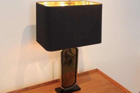 Georges Mathias Signierte Vergoldete Handgeätzte Tischlampe, Tischlampen, Messing (Foto 15 von 17)