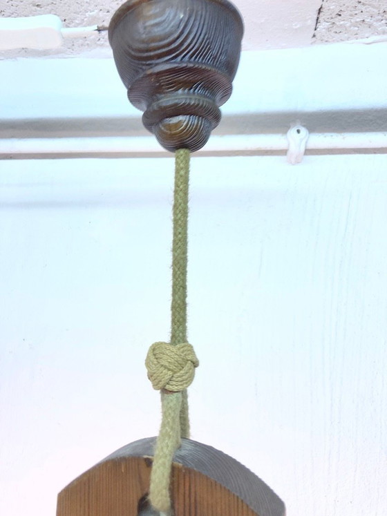 Image 1 of Pendant lamp by Temde, made of wood and glass, two-light, 70s brutalist style