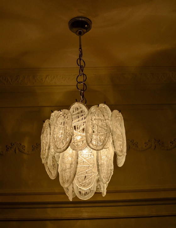 Vintage Kroonluchter van helder Murano glas met bladeren, chromen Italiaanse hanglamp, jaren 70 (photo 4 of 10)
